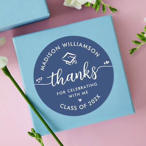 Blue Graduation Modern Thank You Script Hearts Cap Classic Round Sticker
