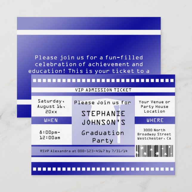Blue Graduation or Party Admission Ticket Invitation (Front/Back)