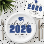 Blue Graduation Party Paper Plates<br><div class="desc">Class of 2026 Bold Elegant Black and Navy Blue Graduation Paper Plate. Celebrate this milestone with a stylish and personalized graduation paper plate, perfect for serving food at a graduation party. Featuring "Class of 2026" (or any year) in bold typography, the year and graduation cap icon are highlighted in navy...</div>