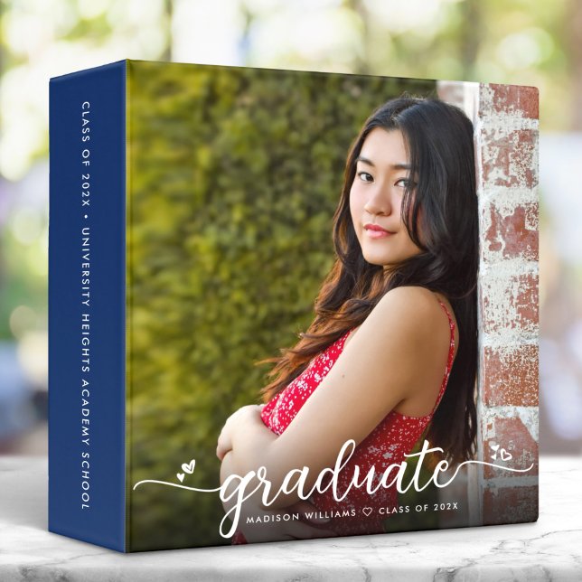 Blue Graduation Photo Album Stylish Script Hearts  3 Ring Binder (Creator Uploaded)