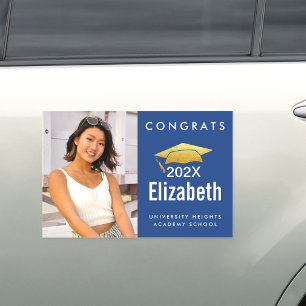 Blue graduation photo bold modern graphic gold cap car magnet