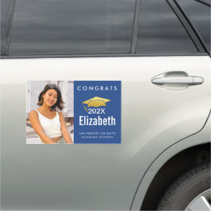 Blue graduation photo bold modern graphic gold cap car magnet