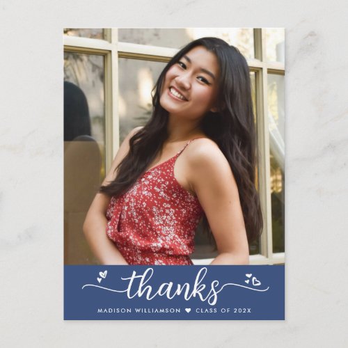 Blue Graduation Photo Chic Script Hearts Thank You Postcard