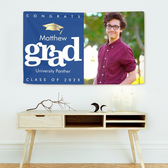 Blue graduation photo gold cap bold modern simple banner (Creator Uploaded)