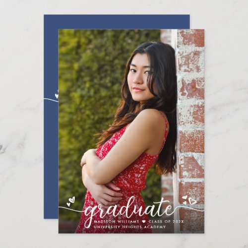 Blue Graduation Photo Modern Calligraphy Hearts Announcement