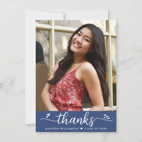 Blue Graduation Photo Modern Elegant Script Hearts Thank You Card