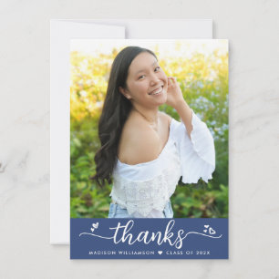 Blue Graduation Photo Modern Elegant Script Hearts Thank You Card