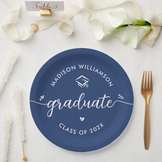 Blue Graduation Script Hearts Cap Icon Fun Modern Paper Plates (Wedding)