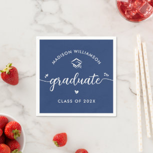 Blue Graduation Script Hearts Cap Icon Modern Fun Napkins