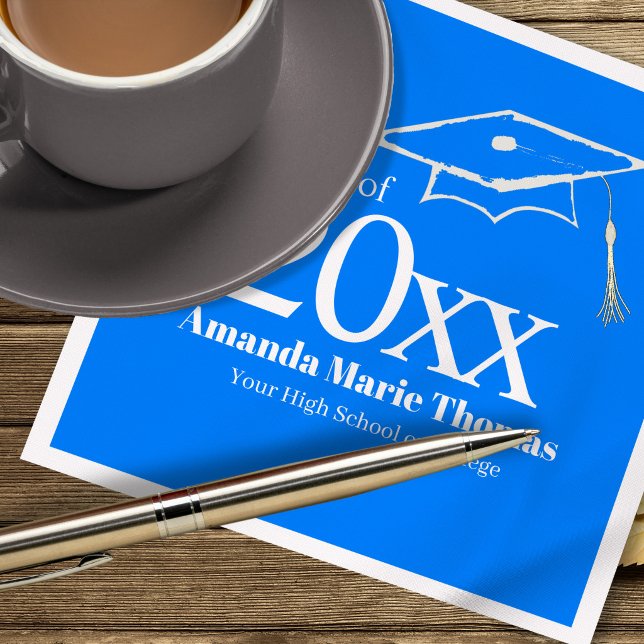 Blue Graduation Script Name Class Year Design  Napkins (Blue Class of 20XX graduation napkin styled with coffee cup and pen on wood table.)