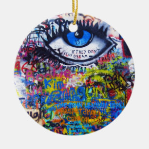 Blue graffiti evil eye ceramic ornament