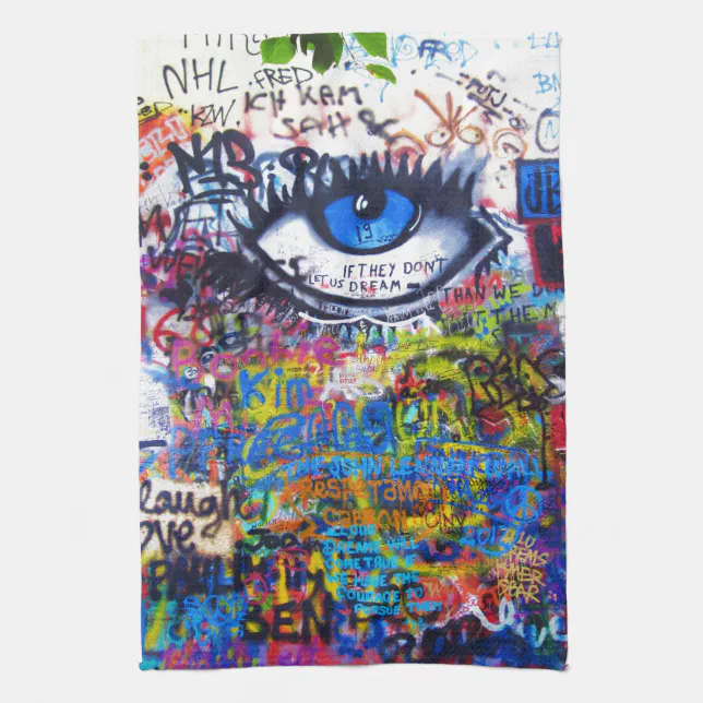 Blue graffiti evil eye kitchen towel | Zazzle