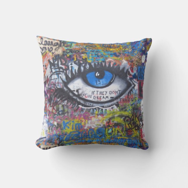Blue graffiti evil eye outdoor pillow (Front)