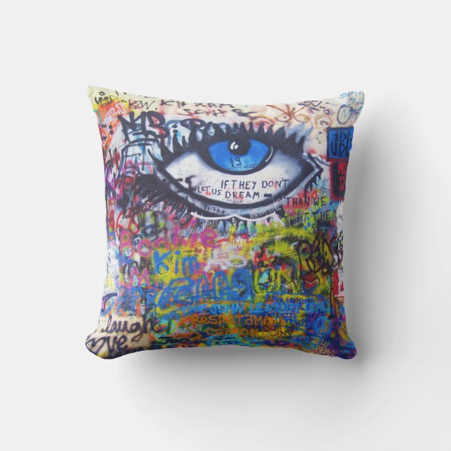 Blue graffiti evil eye outdoor pillow (Front)