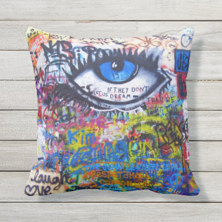 Blue graffiti evil eye outdoor pillow