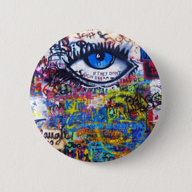 Blue graffiti evil eye pinback button (Front)