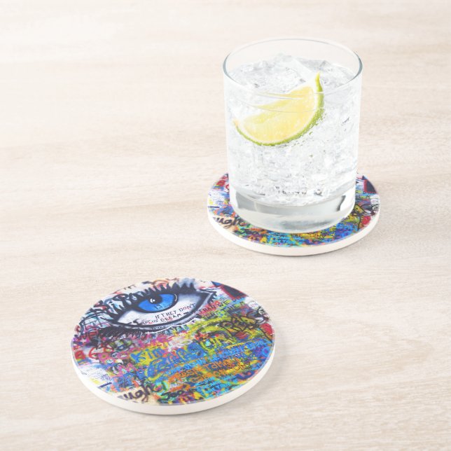 Blue graffiti evil eye sandstone coaster (Side)