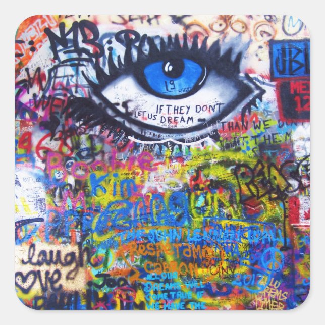 Blue graffiti evil eye square sticker (Front)