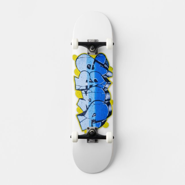 Blue graffiti on a brick wall skateboard deck (Front)