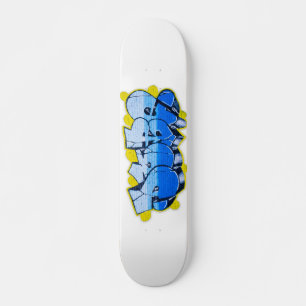 Blue graffiti on a brick wall skateboard deck
