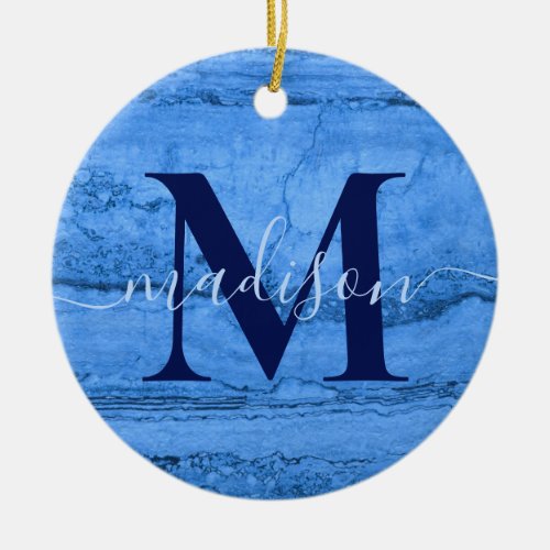 Blue Granite pattern blue marble stone monogram Ceramic Ornament