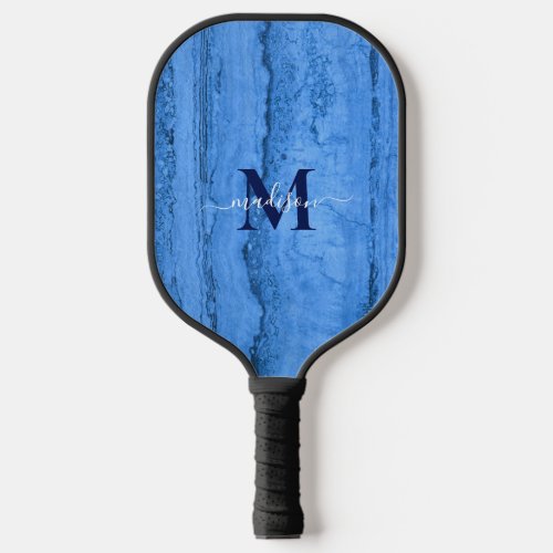 Blue Granite pattern blue marble stone monogram Pickleball Paddle