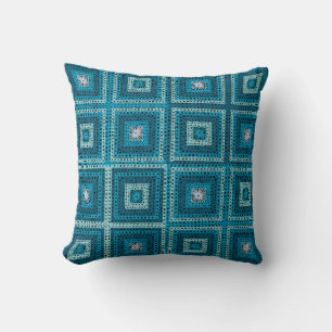 Blue Granny Square Pattern Throw Pillow