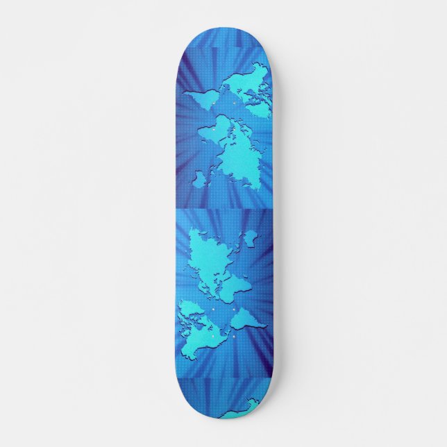 Blue graphic world map bed skateboard deck (Front)