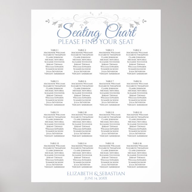 Blue & Gray 16 Table Wedding Seating Chart (Front)