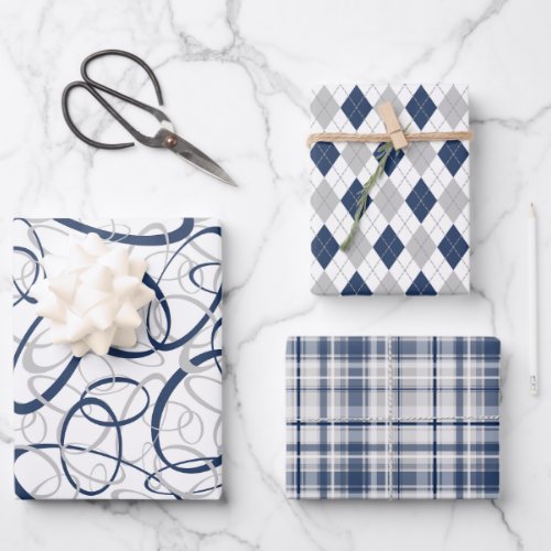 blue gray 3 patterns any occasion wrapping paper sheets