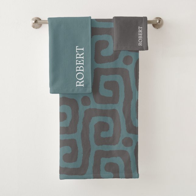Blue &Gray Abstract Pattern Custom Name  Bath Towel Set (Insitu)