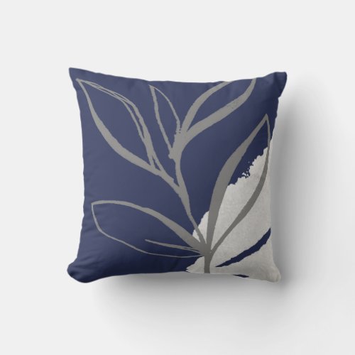 Blue  Gray Abstract Watercolor Leaves Throw Pillow