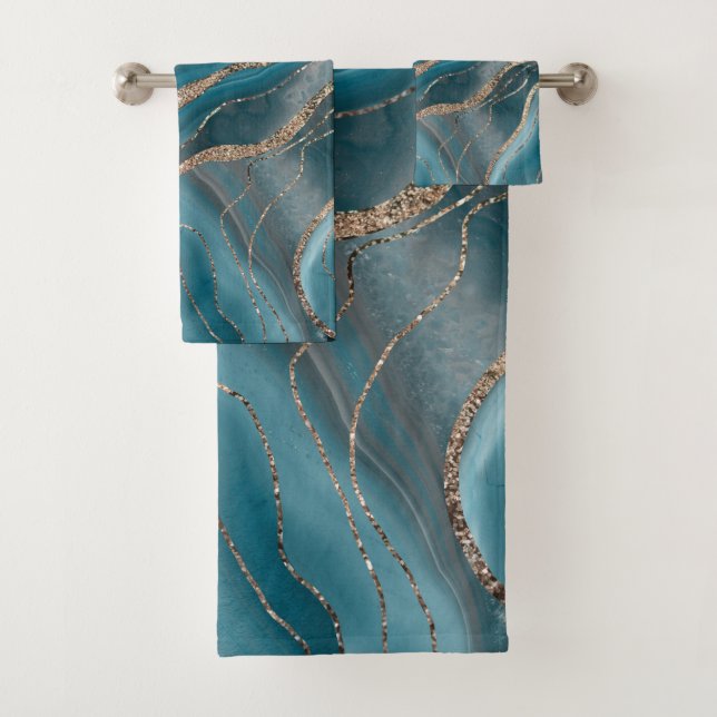 Blue Gray Agate Gold Glitter Glam #1 Bath Towel Set (Insitu)