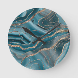 Blue Gray Agate Gold Glitter Glam #1 Round Clock