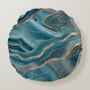 Blue Gray Agate Gold Glitter Glam #1 Round Pillow