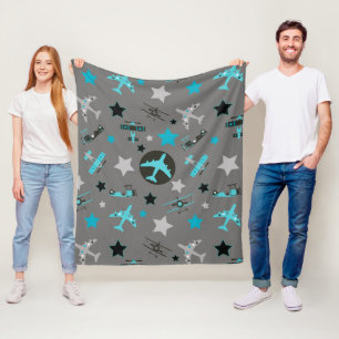 Blue Gray Airplanes Pattern Fleece Blanket