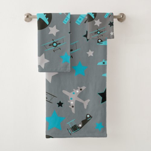 Blue Gray Airplanes Pattern Personalized Bath Towel Set