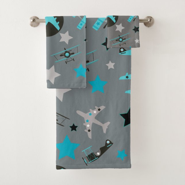Blue Gray Airplanes Pattern Personalized Bath Towel Set (Insitu)