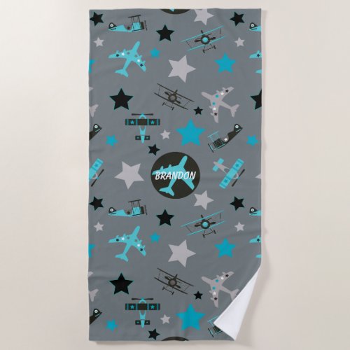 Blue Gray Airplanes Pattern Personalized Beach Towel