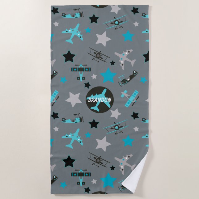 Blue Gray Airplanes Pattern Personalized Beach Towel (Front)