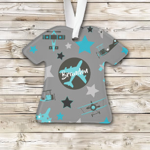 Blue Gray Airplanes Pattern Personalized Ornament