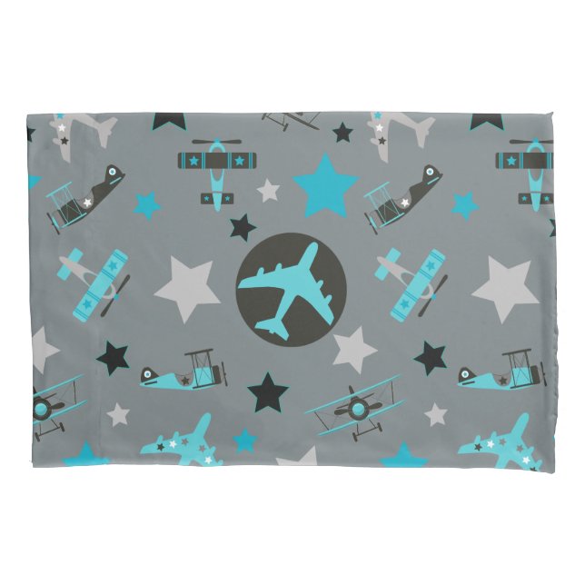 Blue Gray Airplanes Pattern Pillow Case (Front)