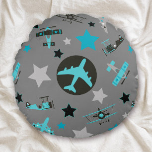 Blue Gray Airplanes Pattern Round Pillow