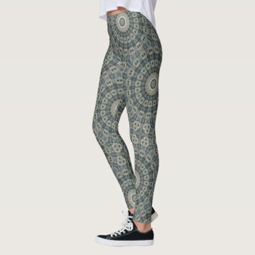 Blue Gray and Beige Mandala Kaleidoscope Medallion Leggings