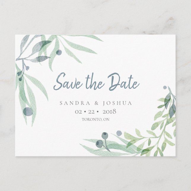 Blue Gray and Botanical Save the Date Postcard (Front)