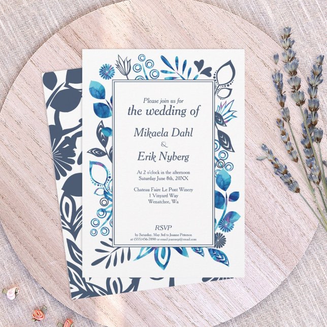 Blue-Gray and Bright Blue Floral Wedding Invitation (blue floral wedding invitations, navy blue and royal blue color combination)