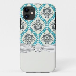 blue gray and cream elegant damask iPhone 11 case