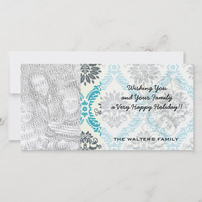 blue gray and cream elegant damask holiday card (Front)