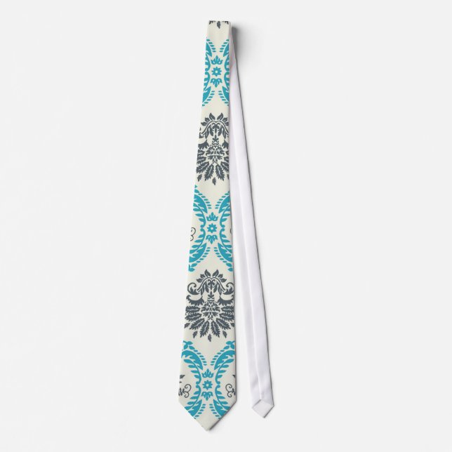 blue gray and cream elegant damask tie (Front)