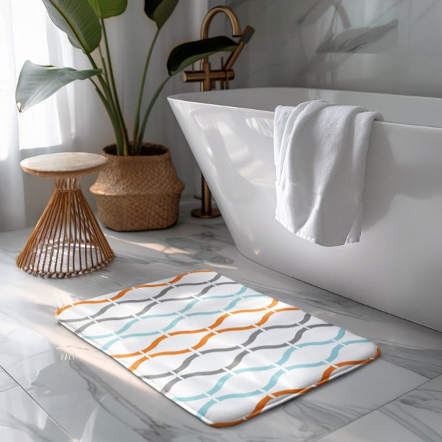 Blue, gray and orange funky stripes pattern bath mat (Creator Uploaded)